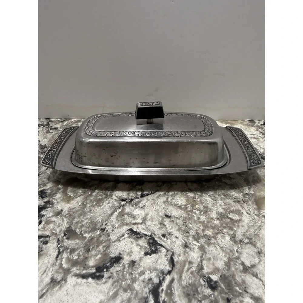Vintage MCM Metal Ornate Butter Dish With Filigree Design Mid Century
